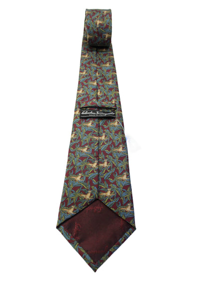 Salvatore Ferragamo Mens Dark Red Floral & Cat Print Silk Necktie