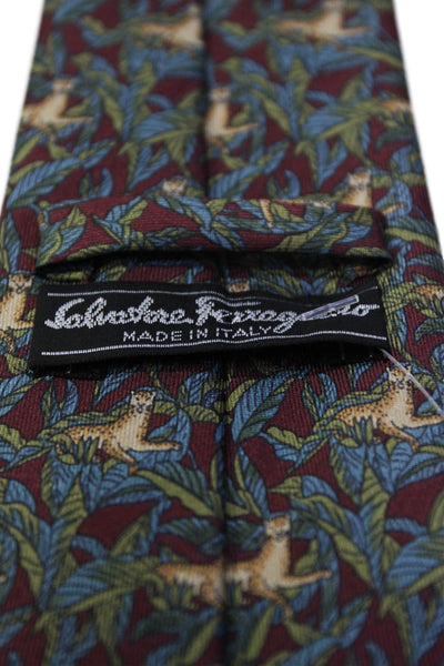 Salvatore Ferragamo Mens Dark Red Floral & Cat Print Silk Necktie