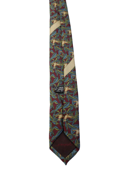 Salvatore Ferragamo Mens Dark Red Floral & Cat Print Silk Necktie