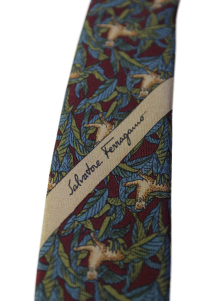 Salvatore Ferragamo Mens Dark Red Floral & Cat Print Silk Necktie