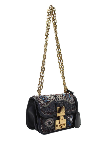 Christian Dior Womens Black Leather Beaded Diorddict Flap Shoulder Bag Handbag