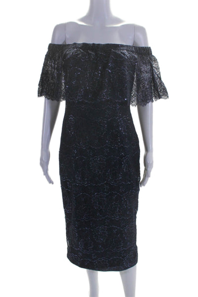 Theia Womens Lace Off The Shoulder Short Sleeves Dress Midnight Blue Size 6