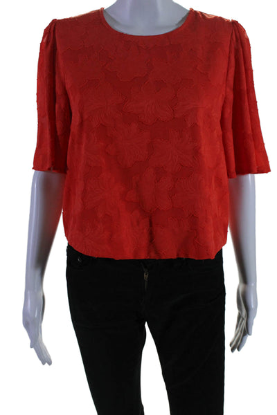 DKNY Womens Bright Red Floral Textured Scoop Neck Short Sleeve Blouse Top Size S