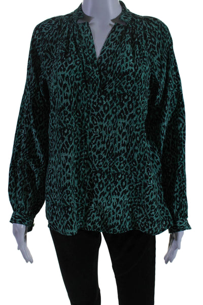 Tucker Womens Silk Green Leopard Print V-Neck Long Sleeve Blouse Top Size S