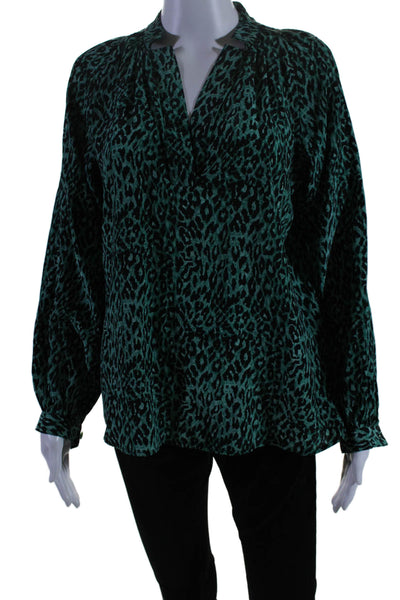 Tucker Womens Silk Green Leopard Print V-Neck Long Sleeve Blouse Top Size S