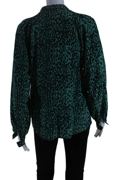 Tucker Womens Silk Green Leopard Print V-Neck Long Sleeve Blouse Top Size S