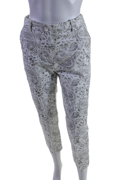 Hubert Gasser Womens Zipper Fly Mid Rise Paisley Cropped Pants White Gray XS