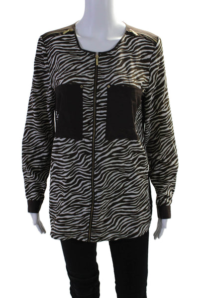 Michael Michael Kors Womens Zebra Print Full Zip Long Sleeve Top Brown Size M