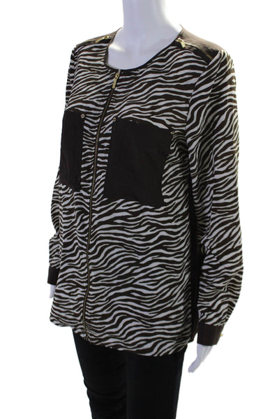 Michael Michael Kors Womens Zebra Print Full Zip Long Sleeve Top Brown Size M