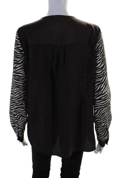 Michael Michael Kors Womens Zebra Print Full Zip Long Sleeve Top Brown Size M