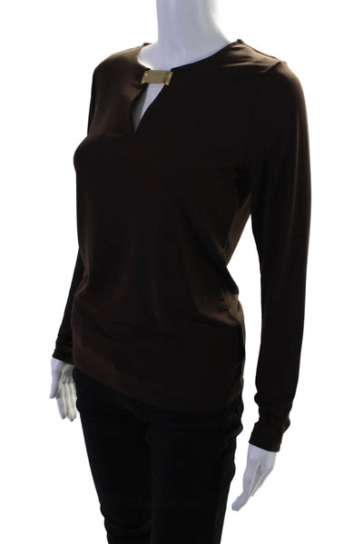 Michael Michael Kors Womens Long Sleeve V Neck Hardware Top Brown Size S