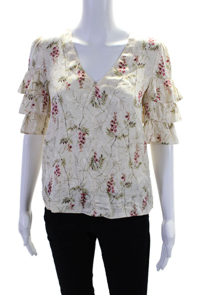 Rebecca Taylor Women's V-Neck Ruffle Short Sleeves Blouse Floral Size 2