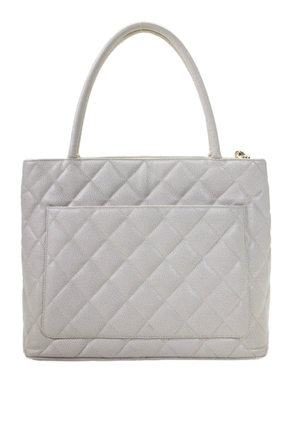 Chanel Womens White Leather Quilted Medallion Tote Bag Handbag