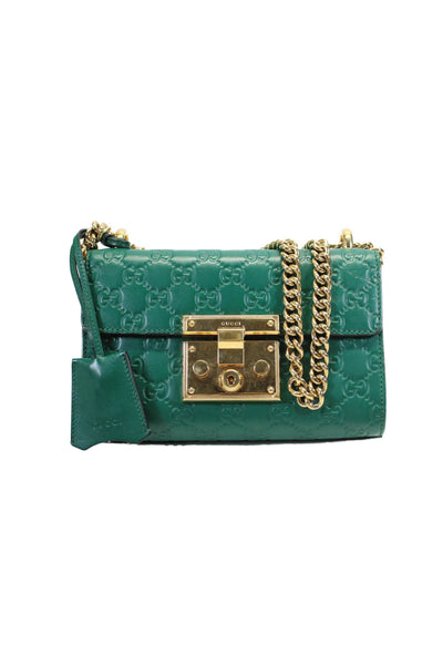 Gucci Womens Small GG Signature Padlock Shoulder Handbag Green Gold Tone