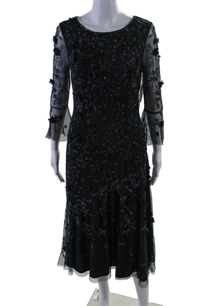 Theia Womens Navy Floral Detail Beaded Crew Neck Long Sleeve Shift Dress Size 4
