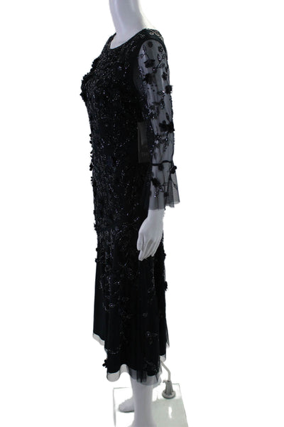 Theia Womens Navy Floral Detail Beaded Crew Neck Long Sleeve Shift Dress Size 4