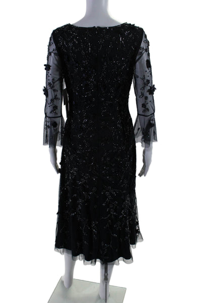 Theia Womens Navy Floral Detail Beaded Crew Neck Long Sleeve Shift Dress Size 4