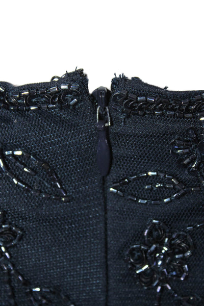 Theia Womens Navy Floral Detail Beaded Crew Neck Long Sleeve Shift Dress Size 4