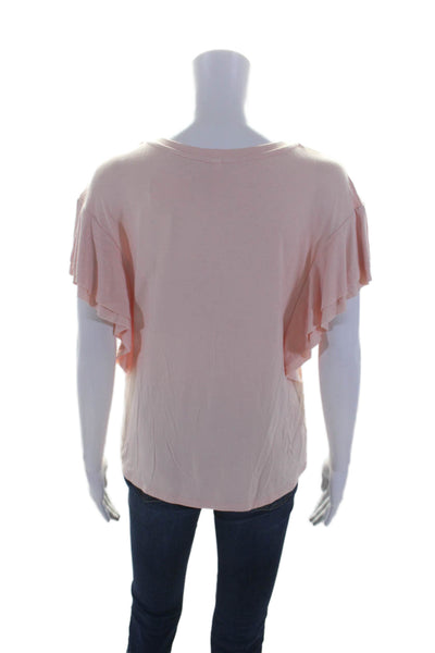 I By Iris Setlakwe Womens Flutter Sleeve Ruffled Knit Tee Shirt Pink Size Medium