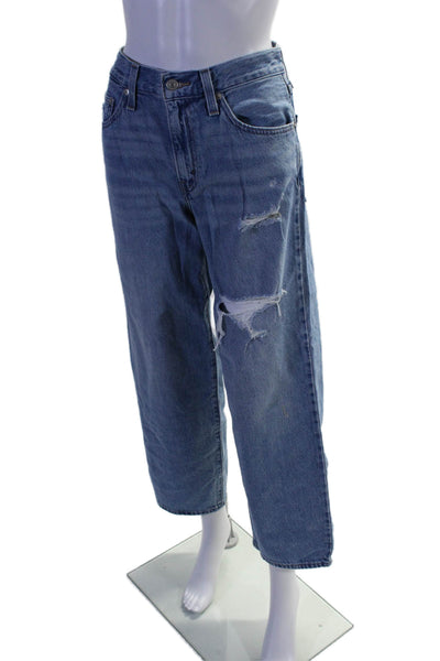 Levis Womens Wide Leg Zipped Buttoned Graphic Leather Patch Jeans Blue Size 24