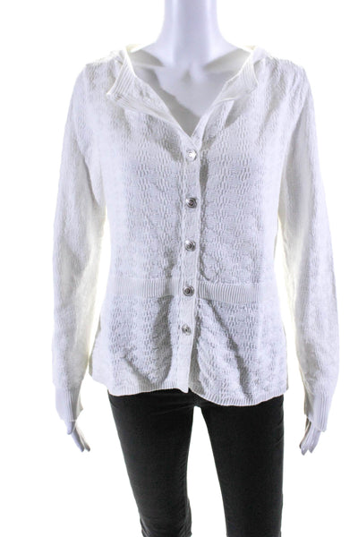 Chanel Womens Round Neck Long Sleeves Button Down Cardigan Sweater White Size 42