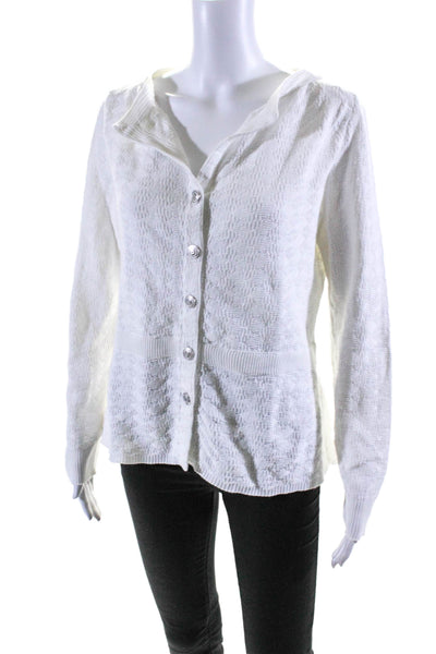 Chanel Womens Round Neck Long Sleeves Button Down Cardigan Sweater White Size 42