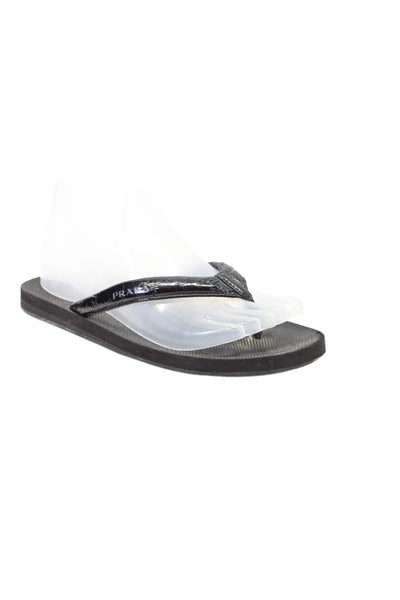 Prada Women's T-Straps Leather Flat Flip-Flop Sandals Black Size 6