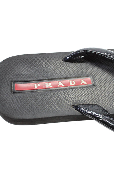 Prada Women's T-Straps Leather Flat Flip-Flop Sandals Black Size 6