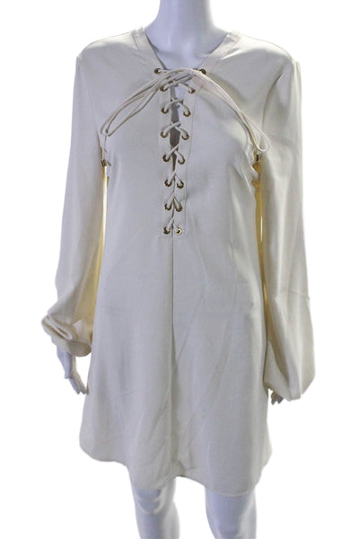 Pinko Womens Long Sleeve Lace Up V Neck Mini Shift Dress White Size 10