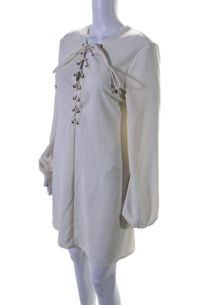 Pinko Womens Long Sleeve Lace Up V Neck Mini Shift Dress White Size 10
