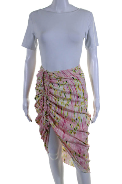 La Fuori Womens Striped Drawstring Middle Front Slit Skirt Pink Green Size Small