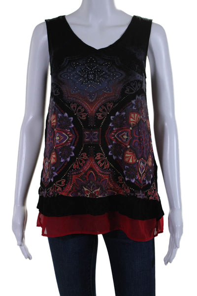 Desigual Womens Abstract Print V Neck Tank Top Black Red Size Extra Small