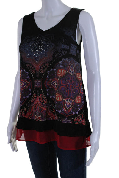 Desigual Womens Abstract Print V Neck Tank Top Black Red Size Extra Small