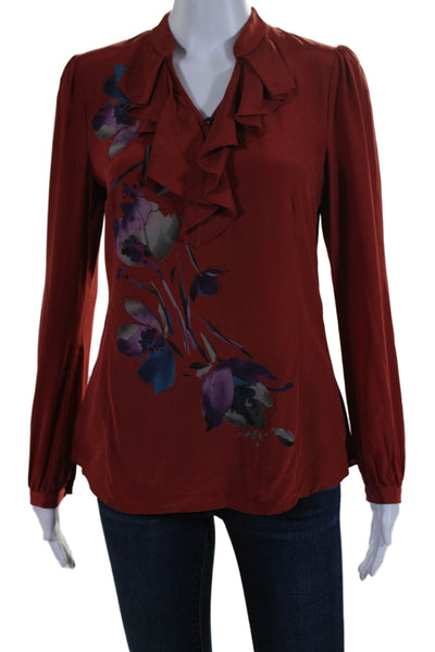 Classiques Entier Womens Silk Floral Print Long Sleeves Blouse Red Size Extra Sm