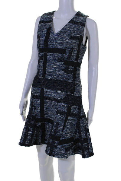 10 Crosby Derek Lam Womens Tweed V Neck A Line Dress Blue Cotton Size 6