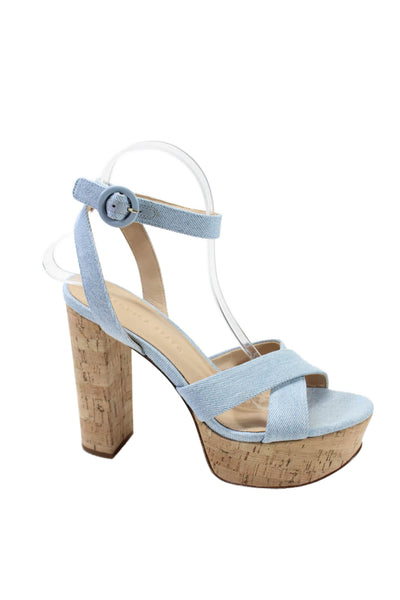 Veronica Beard Womens Block Heel Platform Denim Ankle Strap Sandals Blue 7.5