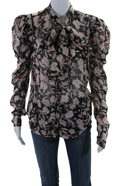 Bardot Womens Button Up Long Sleeve Tie Neck Sheer Floral Top Brown Black Size 6