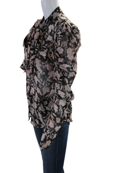 Bardot Womens Button Up Long Sleeve Tie Neck Sheer Floral Top Brown Black Size 6