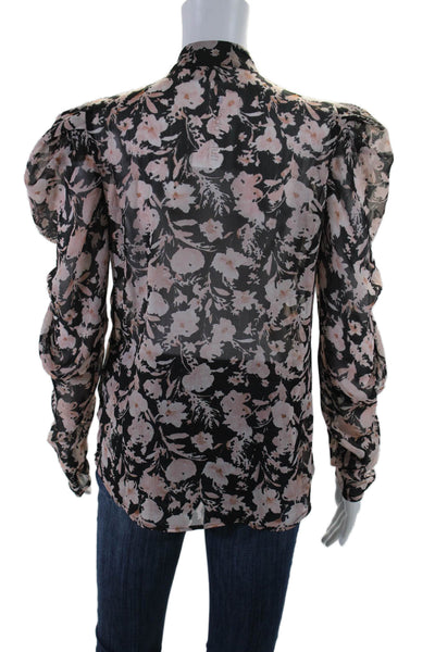 Bardot Womens Button Up Long Sleeve Tie Neck Sheer Floral Top Brown Black Size 6