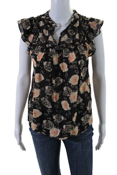 Ulla Johnson Womens Cap Sleeve Crew Neck Floral Blouse Black Peach Size 0