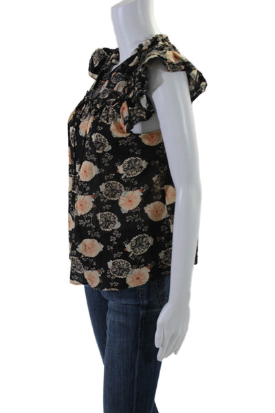 Ulla Johnson Womens Cap Sleeve Crew Neck Floral Blouse Black Peach Size 0