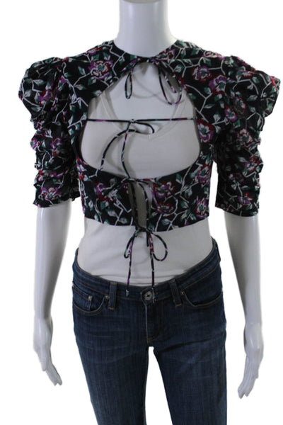 Isabel Marant Etoile Womens Half Sleeve Floral Ruched Top Black Multi Size FR 38