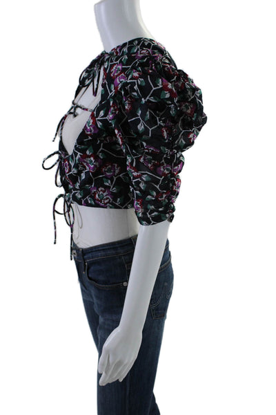 Isabel Marant Etoile Womens Half Sleeve Floral Ruched Top Black Multi Size FR 38