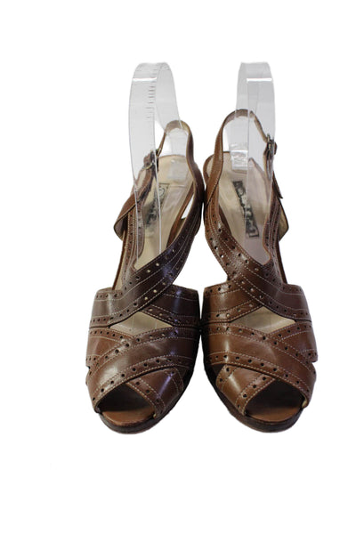 Oscar de la Renta Womens Leather Slingbacks Sandal Heels Brown Size 39.5 9.5