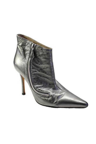 Manolo Blahnik Womens Leather Zipper Pointed Toe Ankle Boots Silver Size 40 10