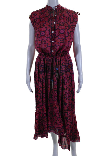 Bell Womens Sleeveless Half Button Crew Neck Floral Midi Dress Pink Red Size XS