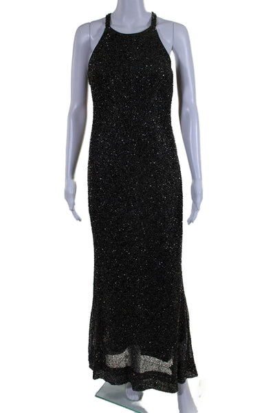 Badgley Mischka Womens Back Zip Crew Neck Beaded Knit Gown Black Size 4