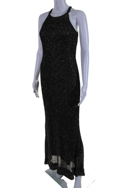 Badgley Mischka Womens Back Zip Crew Neck Beaded Knit Gown Black Size 4