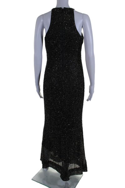 Badgley Mischka Womens Back Zip Crew Neck Beaded Knit Gown Black Size 4