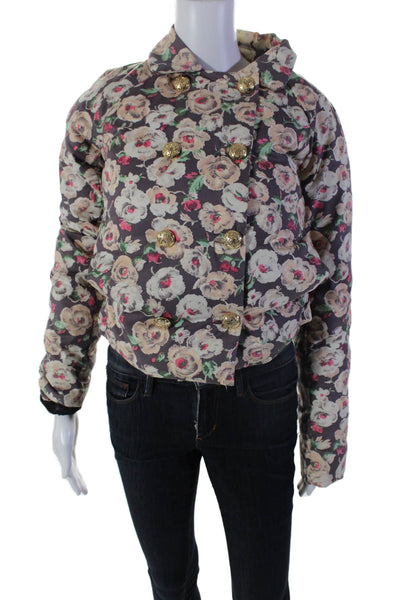 Juicy Couture Womens Cotton Floral Double Breasted Puffer Coat Multicolor Size S